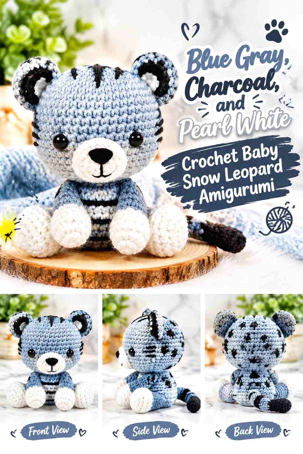 Blue Gray, Charcoal, and Pearl White Crochet Baby Snow Leopard Amigurumi