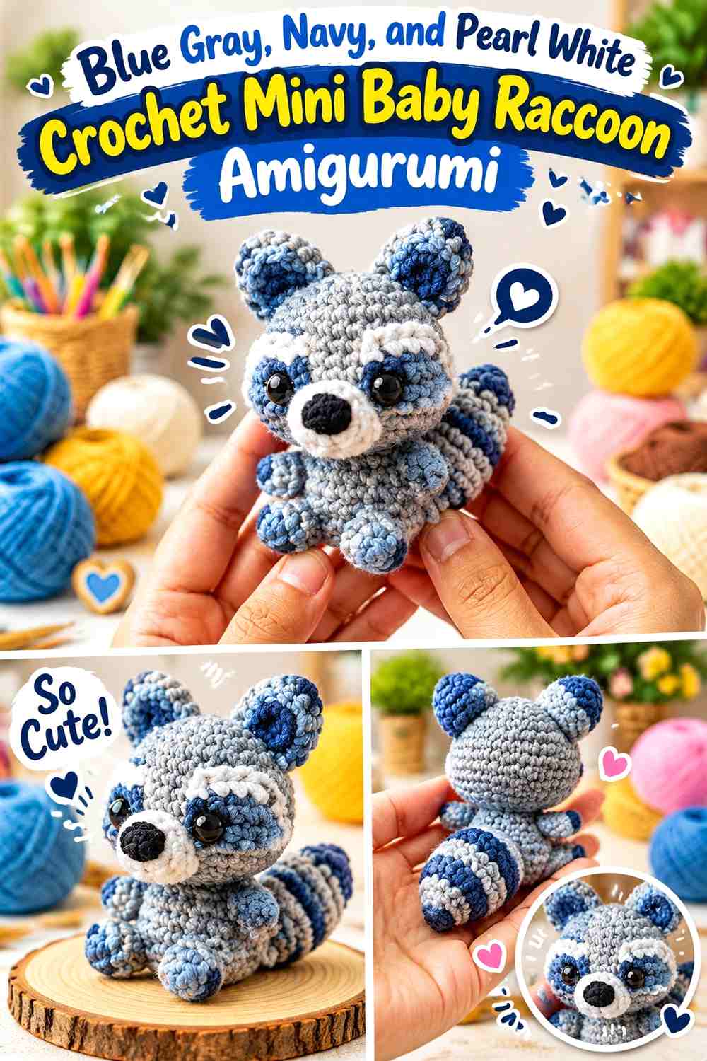 Blue Gray, Navy, and Pearl White Crochet Mini Baby Raccoon Amigurumi