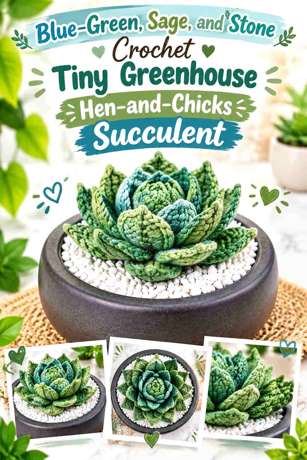 Blue-Green, Sage, and Stone Crochet Tiny Greenhouse Hen-and-Chicks Succulent