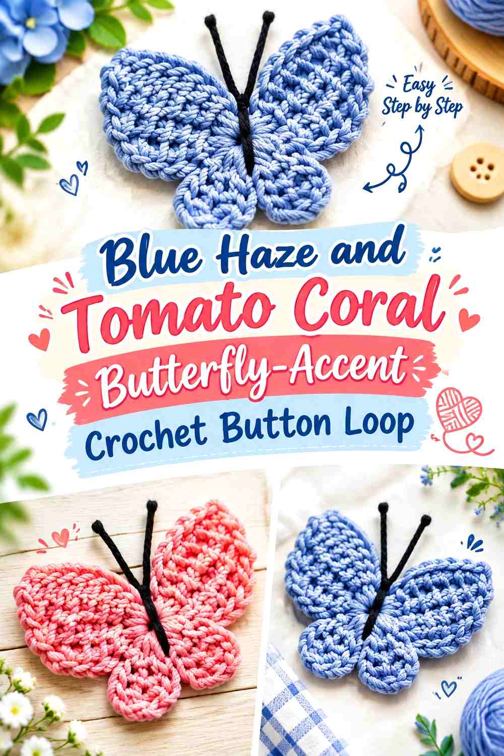 Blue Haze and Tomato Coral Butterfly Accent Crochet Button Loop