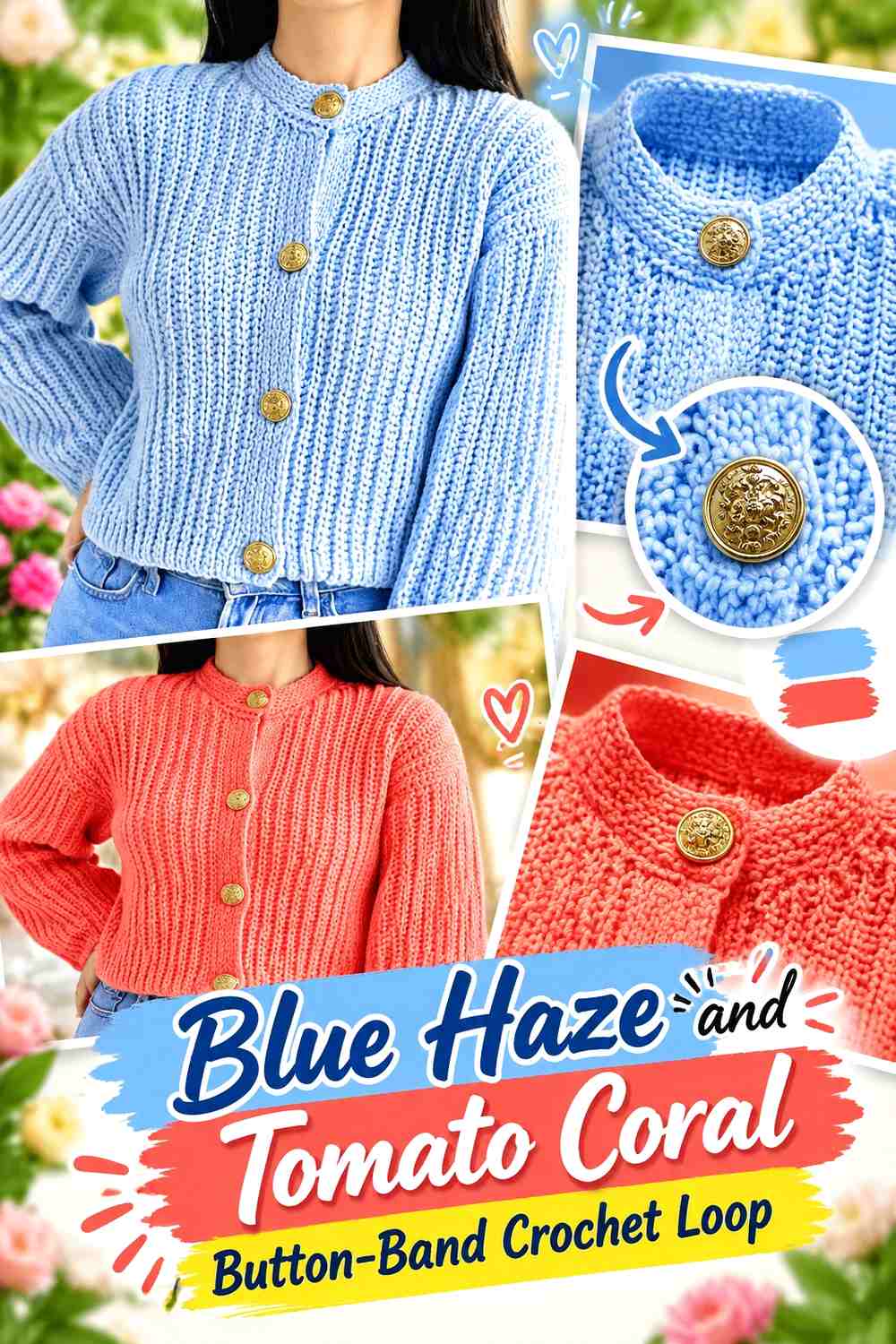 Blue Haze and Tomato Coral Button Band Crochet Loop