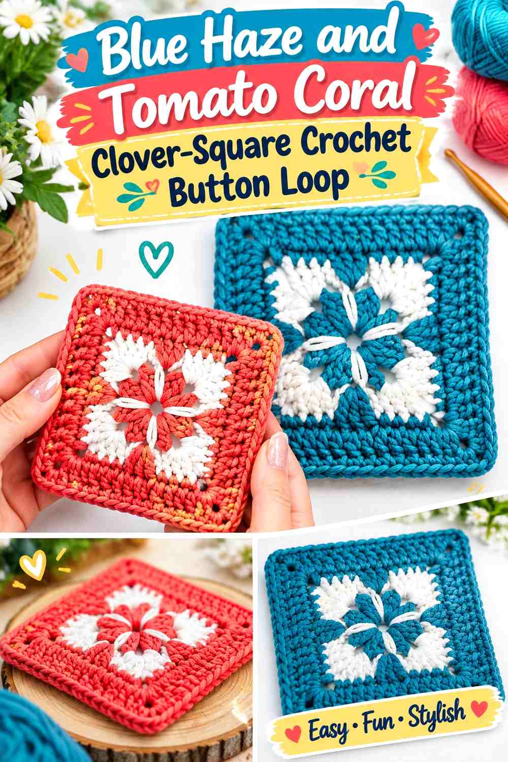 Blue Haze and Tomato Coral Clover Square Crochet Button Loop
