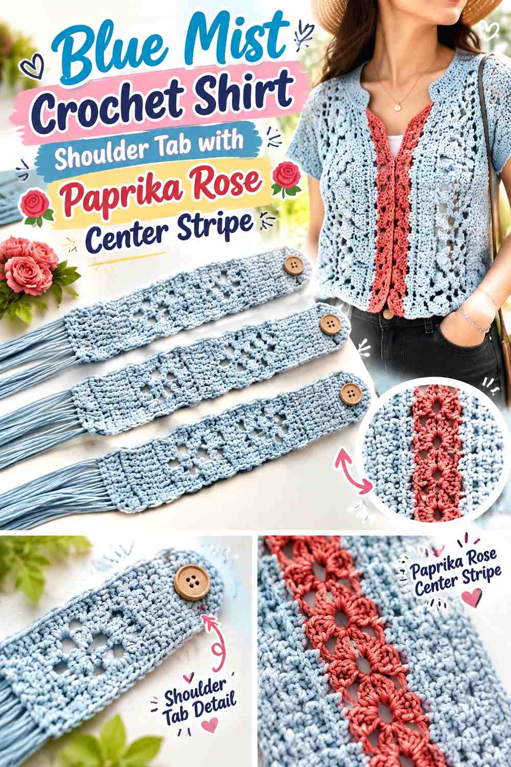Blue Mist Crochet Shirt Shoulder Tab with Paprika Rose Center Stripe