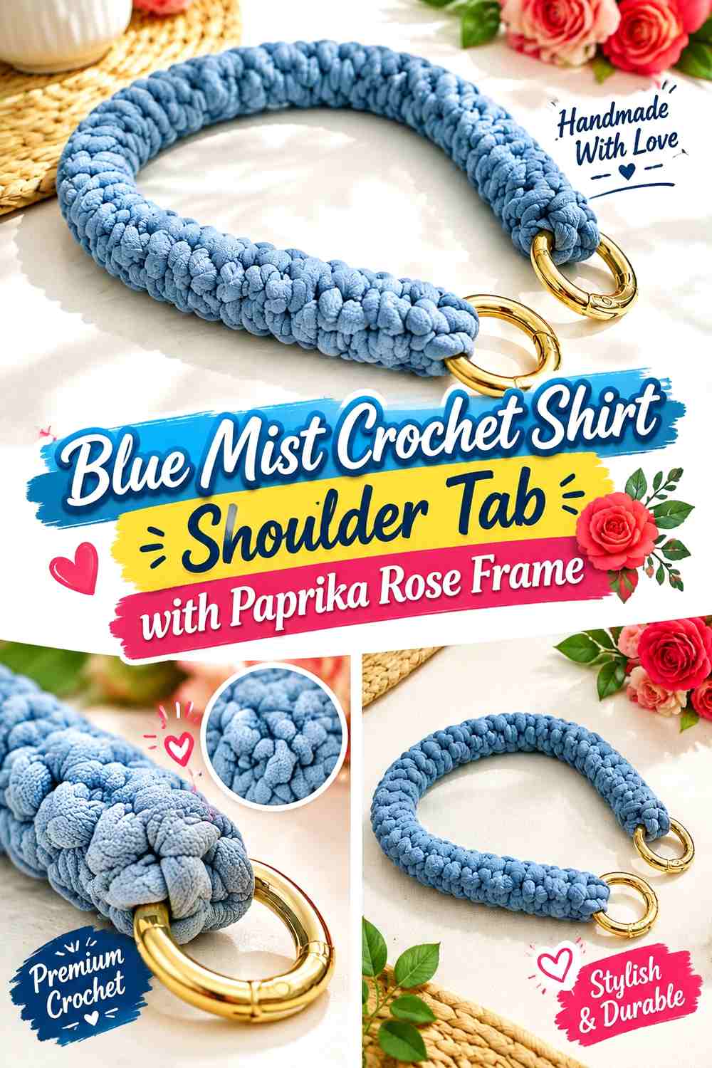 Blue Mist Crochet Shirt Shoulder Tab with Paprika Rose Frame