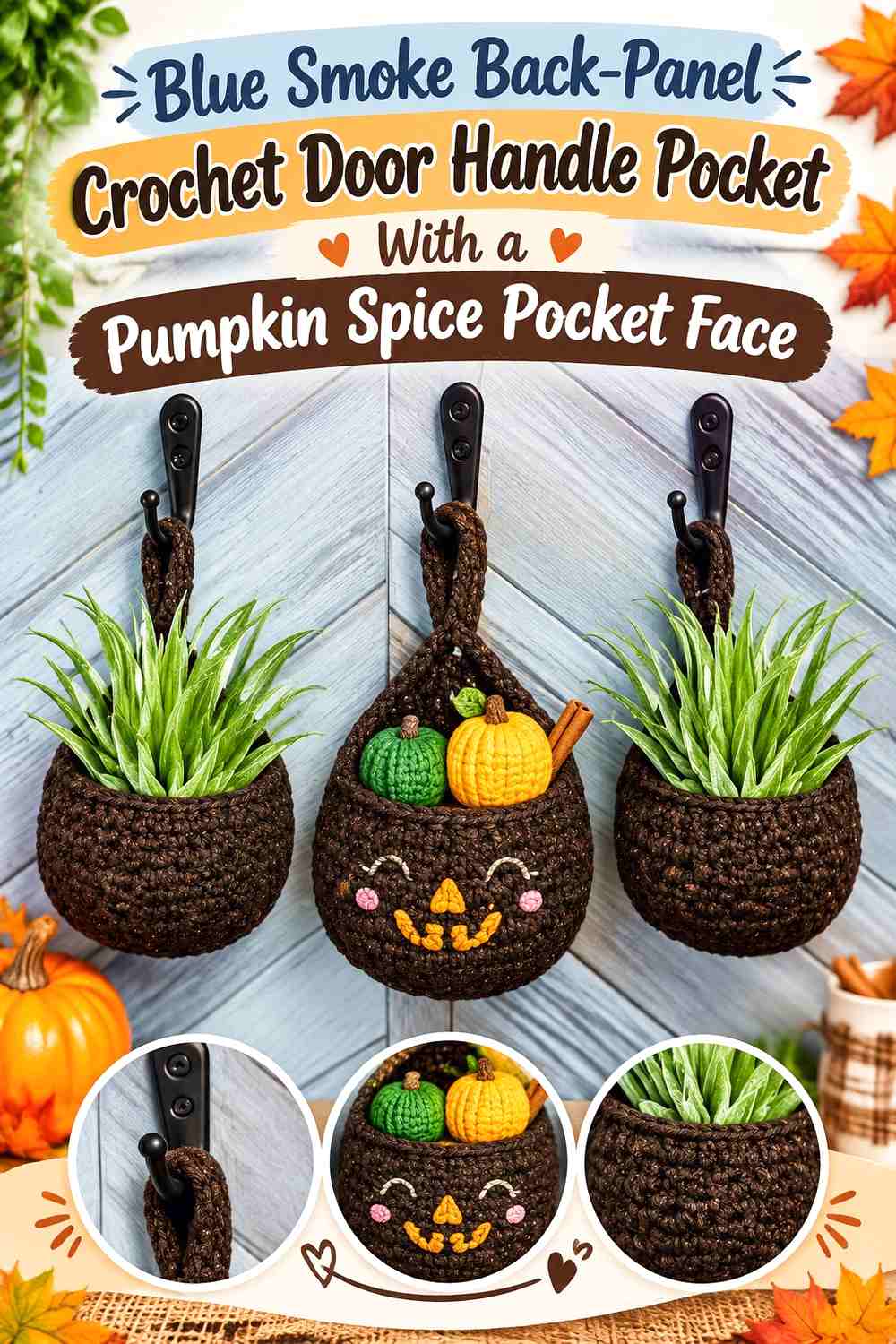 Blue Smoke Back-Panel Crochet Door Handle Pocket With a Pumpkin Spice Pocket Face