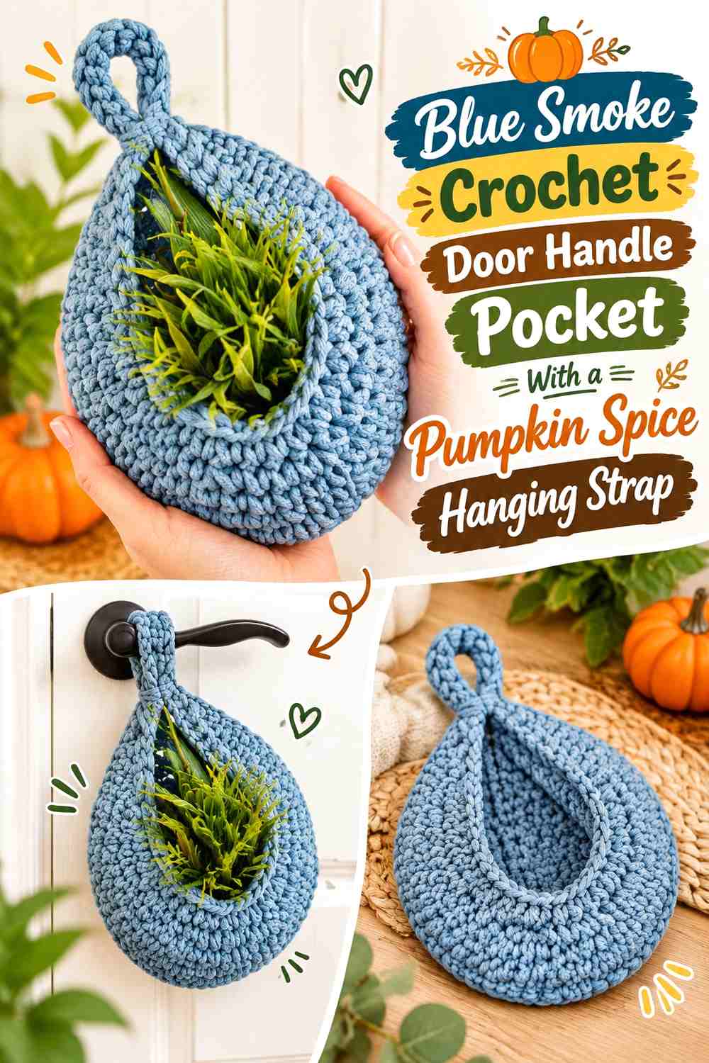 Blue Smoke Crochet Door Handle Pocket With a Pumpkin Spice Hanging Strap