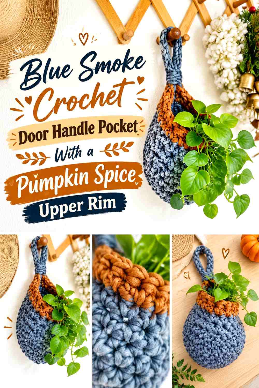 Blue Smoke Crochet Door Handle Pocket With a Pumpkin Spice Upper Rim