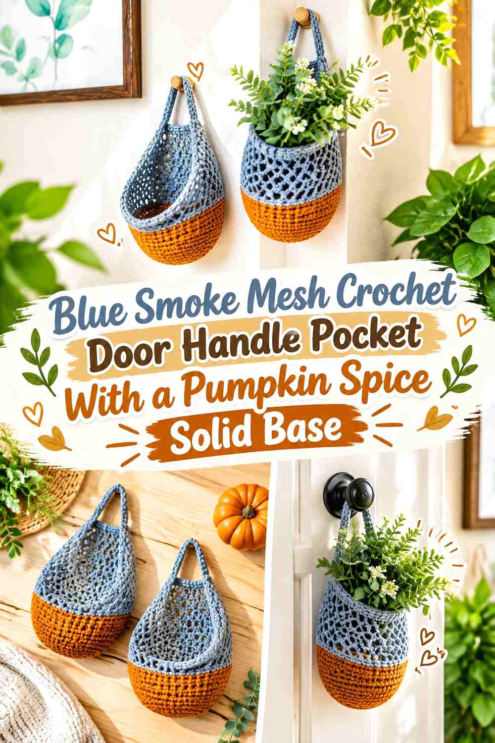 Blue Smoke Mesh Crochet Door Handle Pocket With a Pumpkin Spice Solid Base
