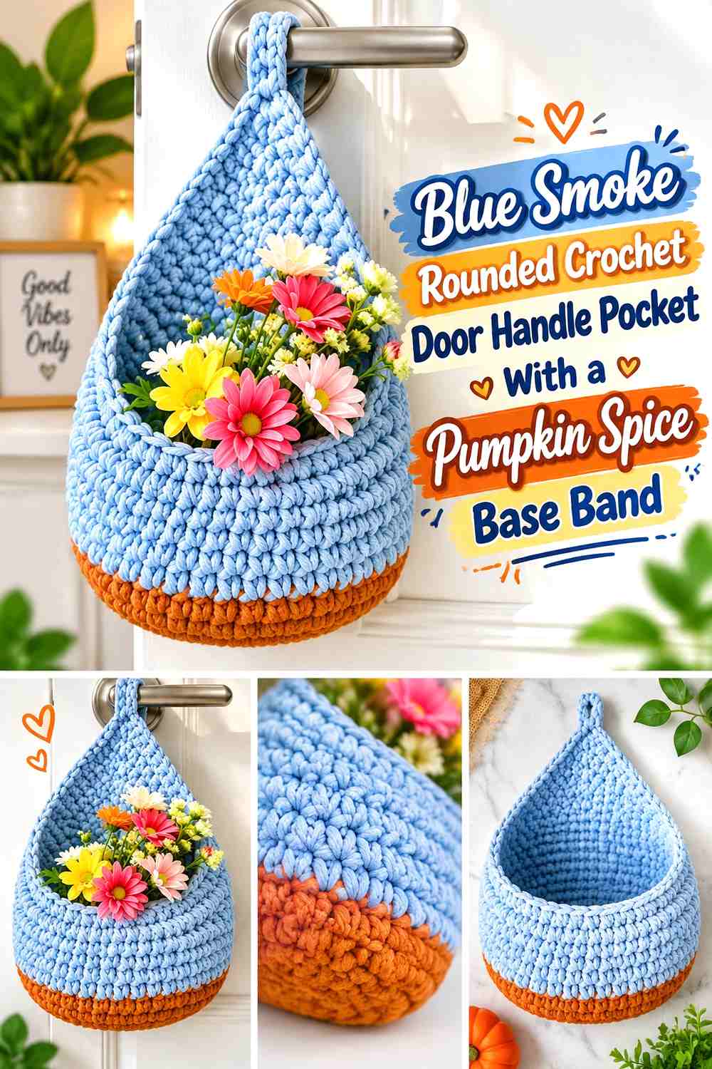 Blue Smoke Rounded Crochet Door Handle Pocket With a Pumpkin Spice Base Band