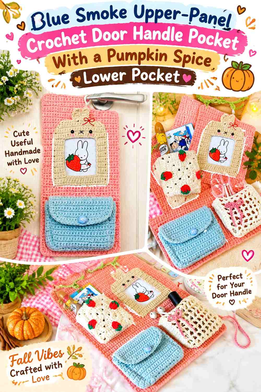 Blue Smoke Upper-Panel Crochet Door Handle Pocket With a Pumpkin Spice Lower Pocket