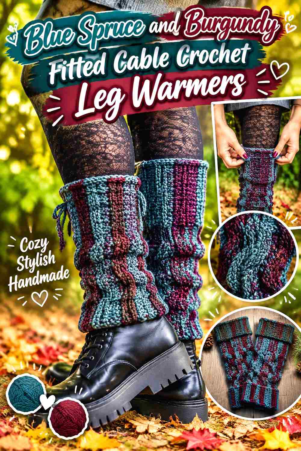 8. Blue Spruce And Burgundy Fitted Cable Crochet Leg Warmers