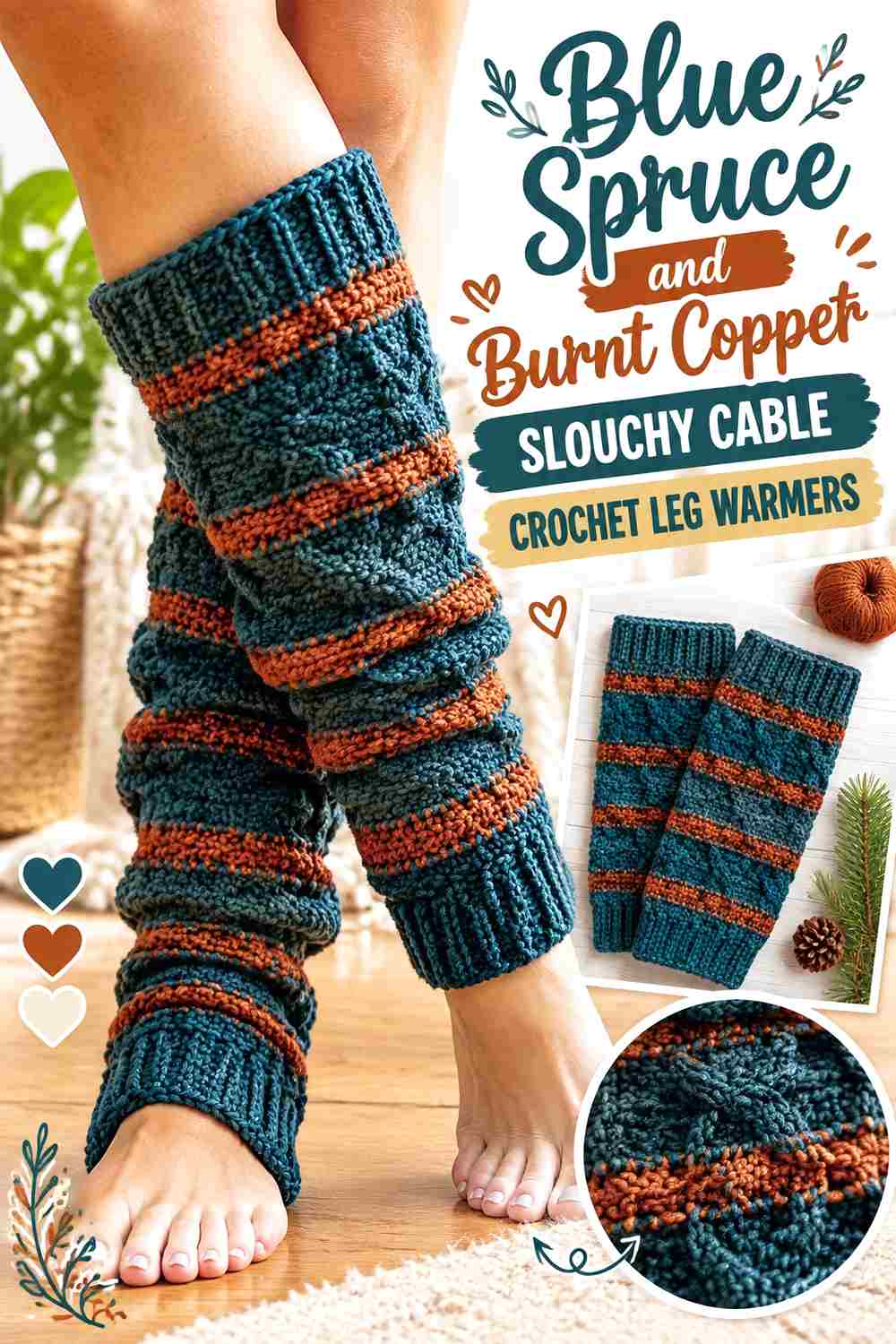 4. Blue Spruce And Burnt Copper Slouchy Cable Crochet Leg Warmers