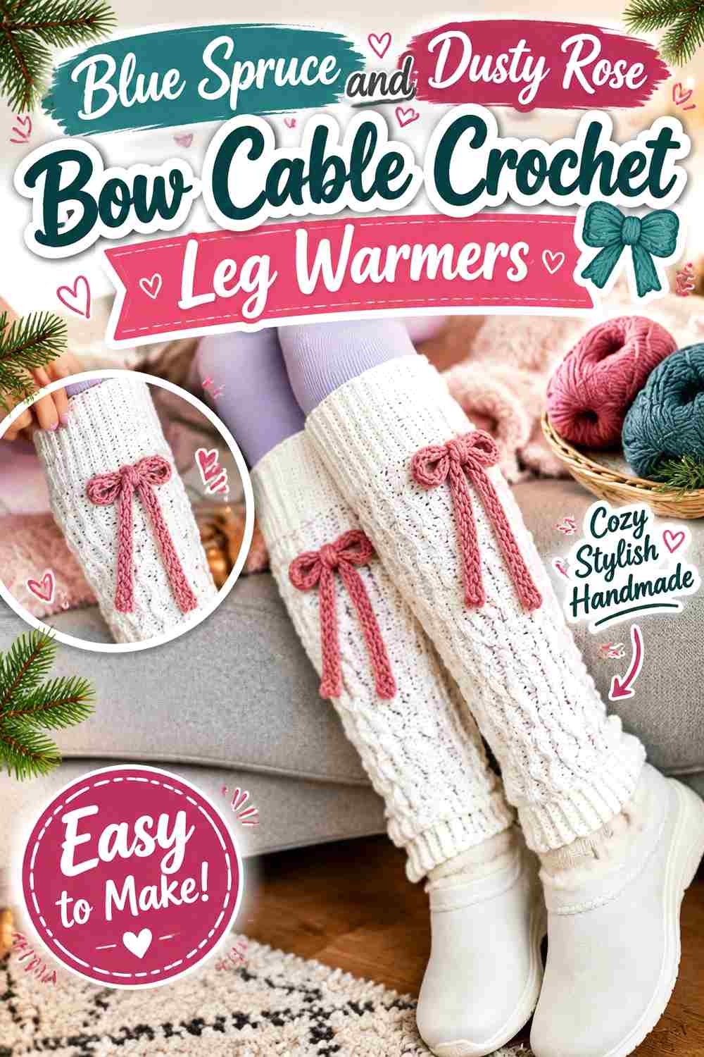 6. Blue Spruce And Dusty Rose Bow Cable Crochet Leg Warmers