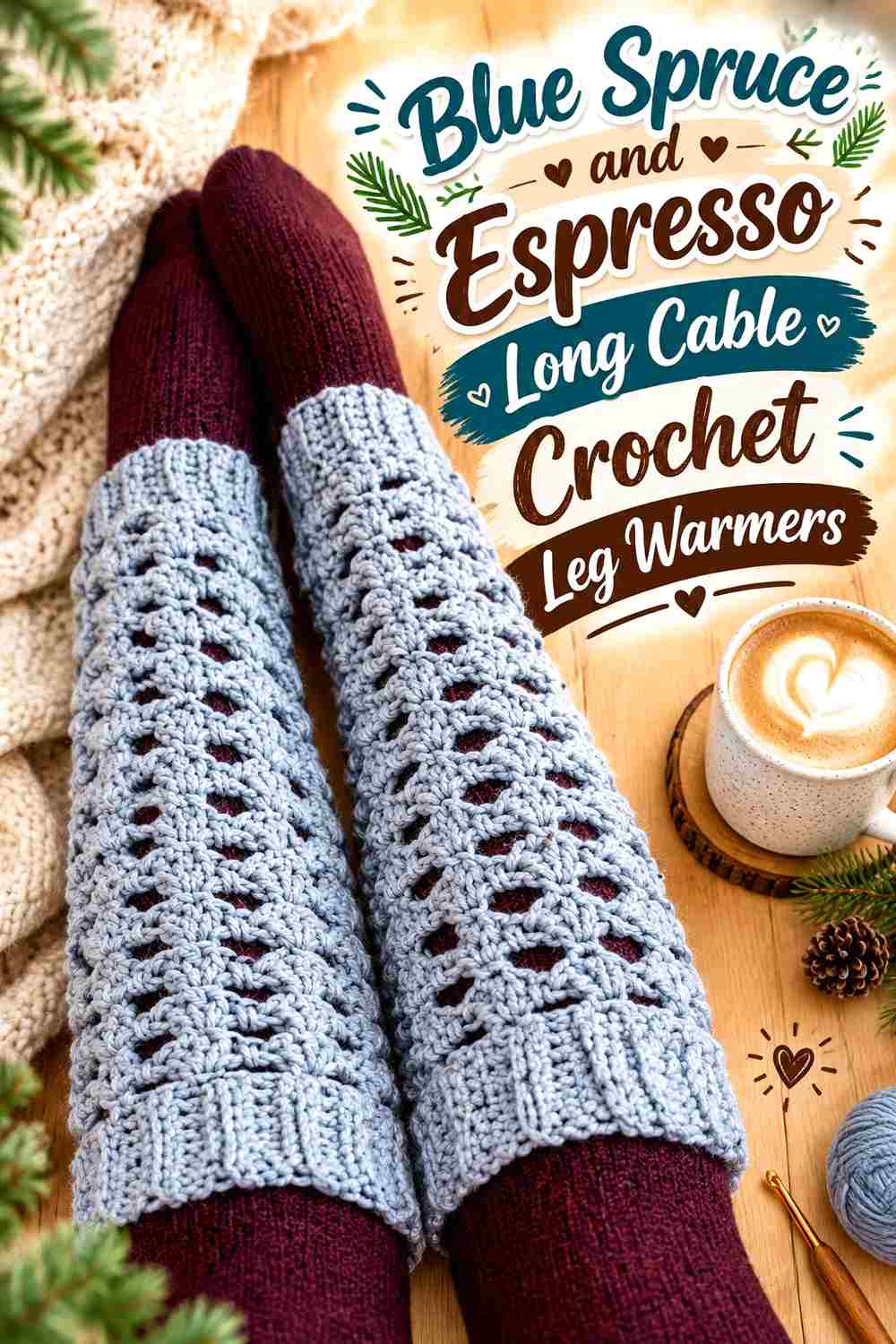 11. Blue Spruce And Espresso Long Cable Crochet Leg Warmers