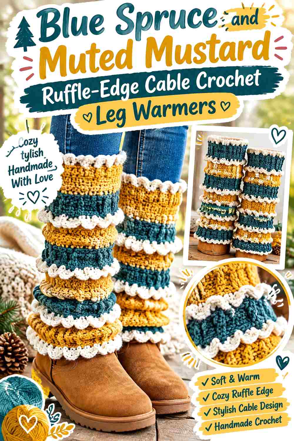 10. Blue Spruce And Muted Mustard Ruffle Edge Cable Crochet Leg Warmers