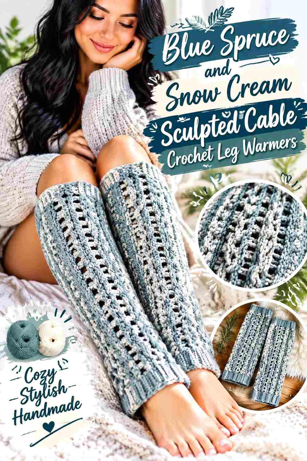 1. Blue Spruce And Snow Cream Sculpted Cable Crochet Leg Warmers