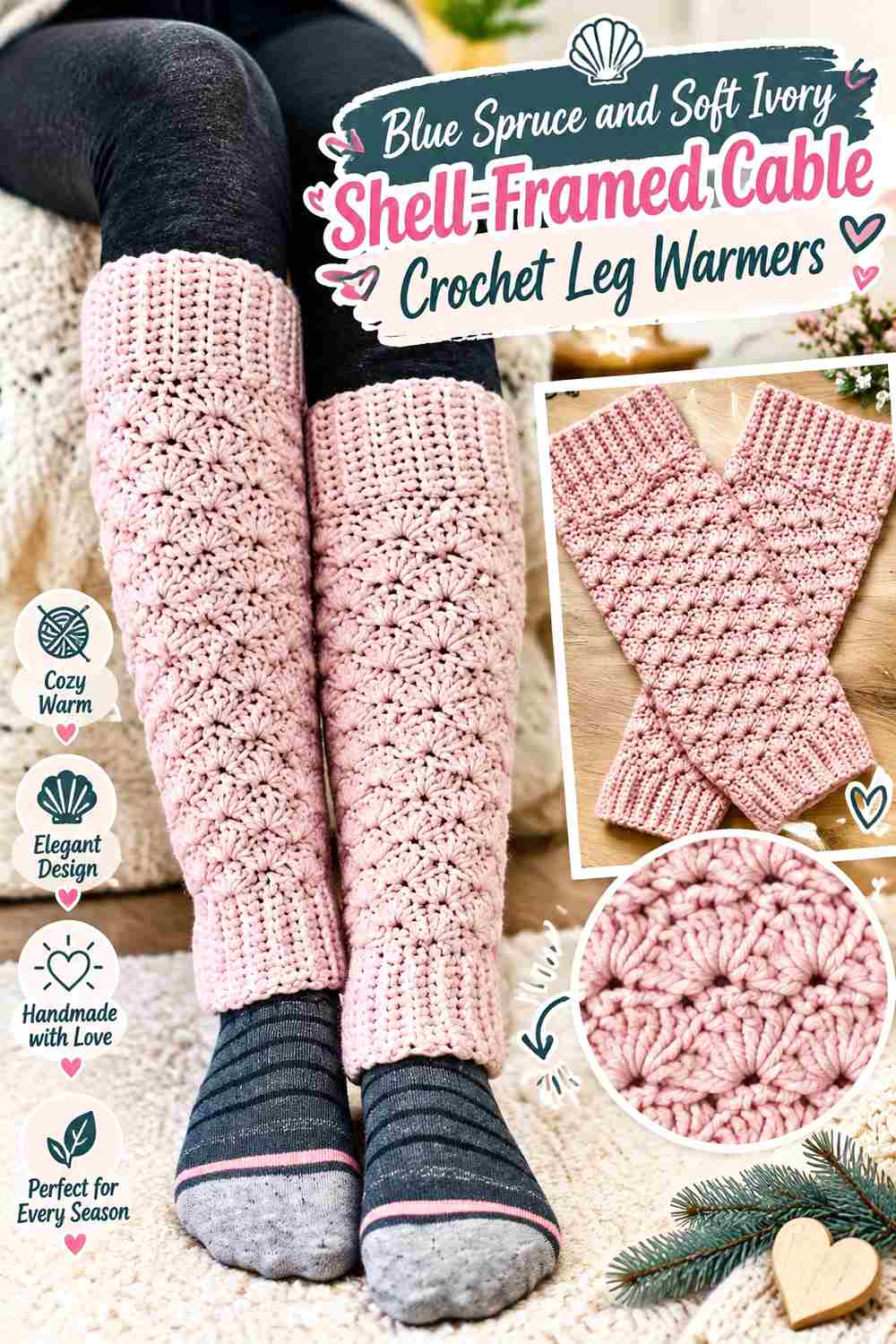 5. Blue Spruce And Soft Ivory Shell Framed Cable Crochet Leg Warmers