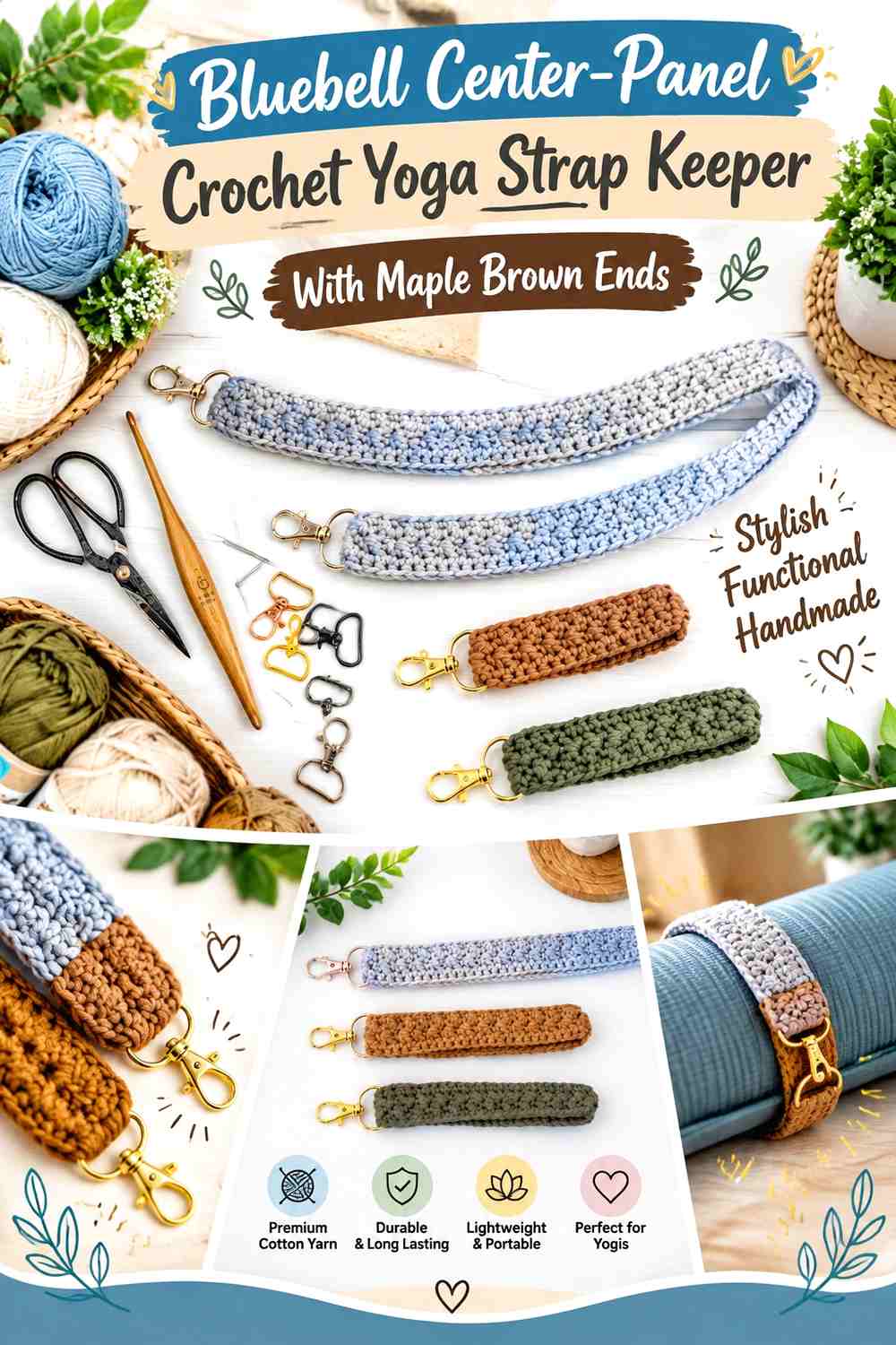 Bluebell Center Panel Crochet Yoga Strap Keeper With Maple Brown Ends