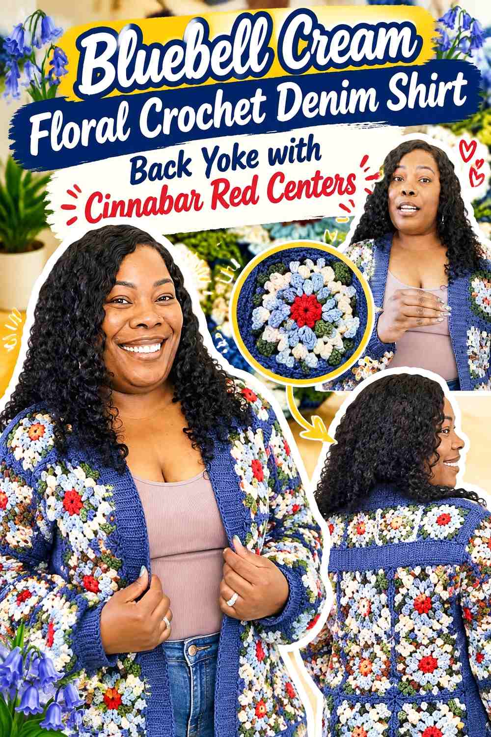 Bluebell Cream Floral Crochet Denim Shirt Back Yoke with Cinnabar Red Centers