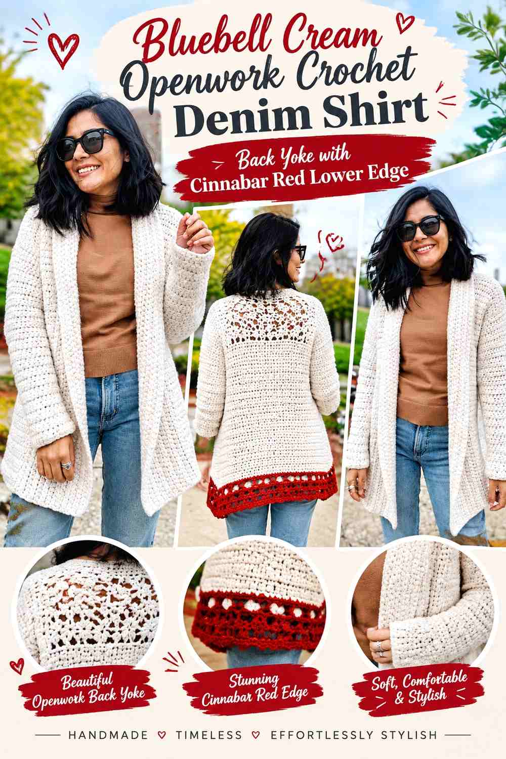 Bluebell Cream Openwork Crochet Denim Shirt Back Yoke with Cinnabar Red Lower Edge