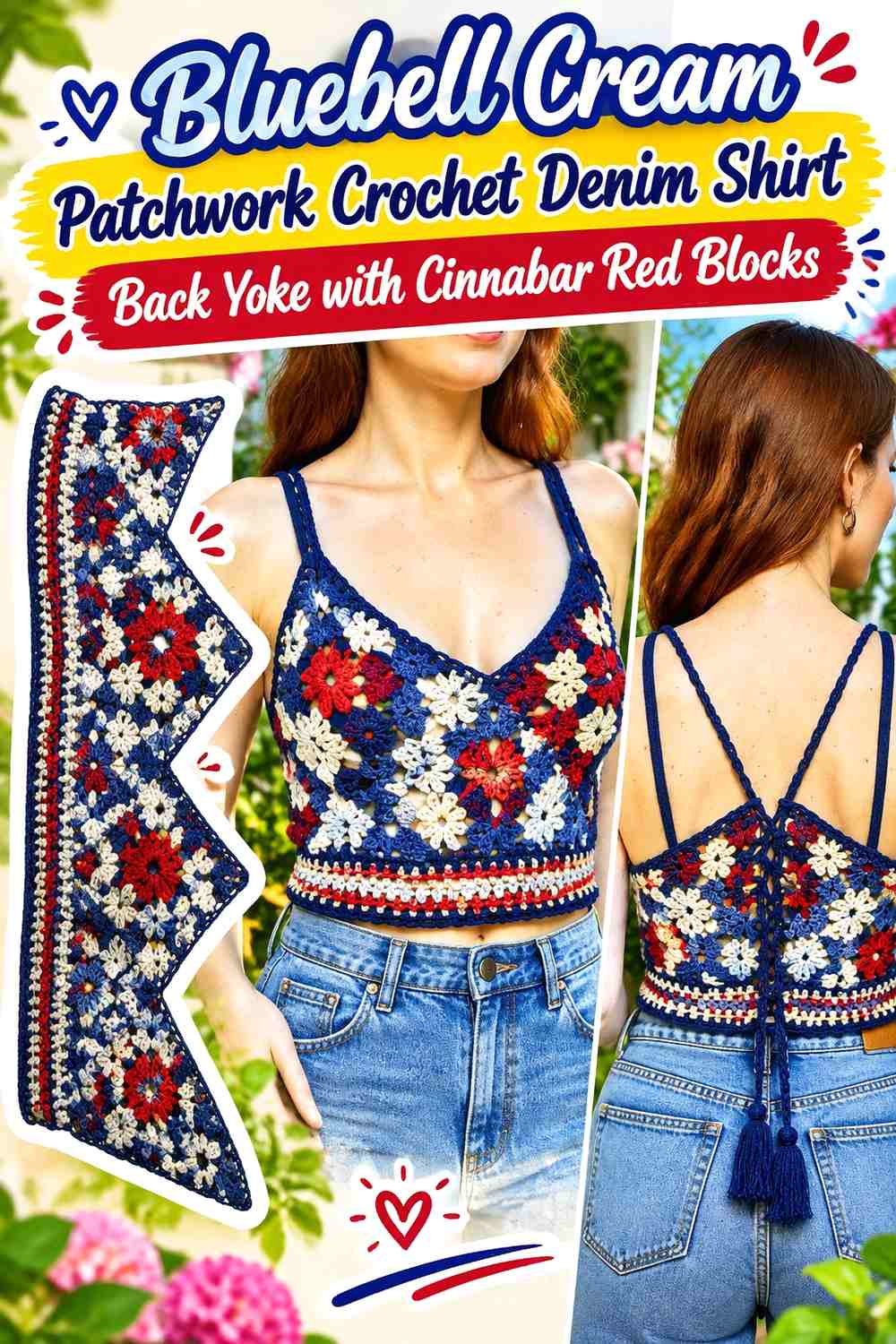Bluebell Cream Patchwork Crochet Denim Shirt Back Yoke with Cinnabar Red Blocks
