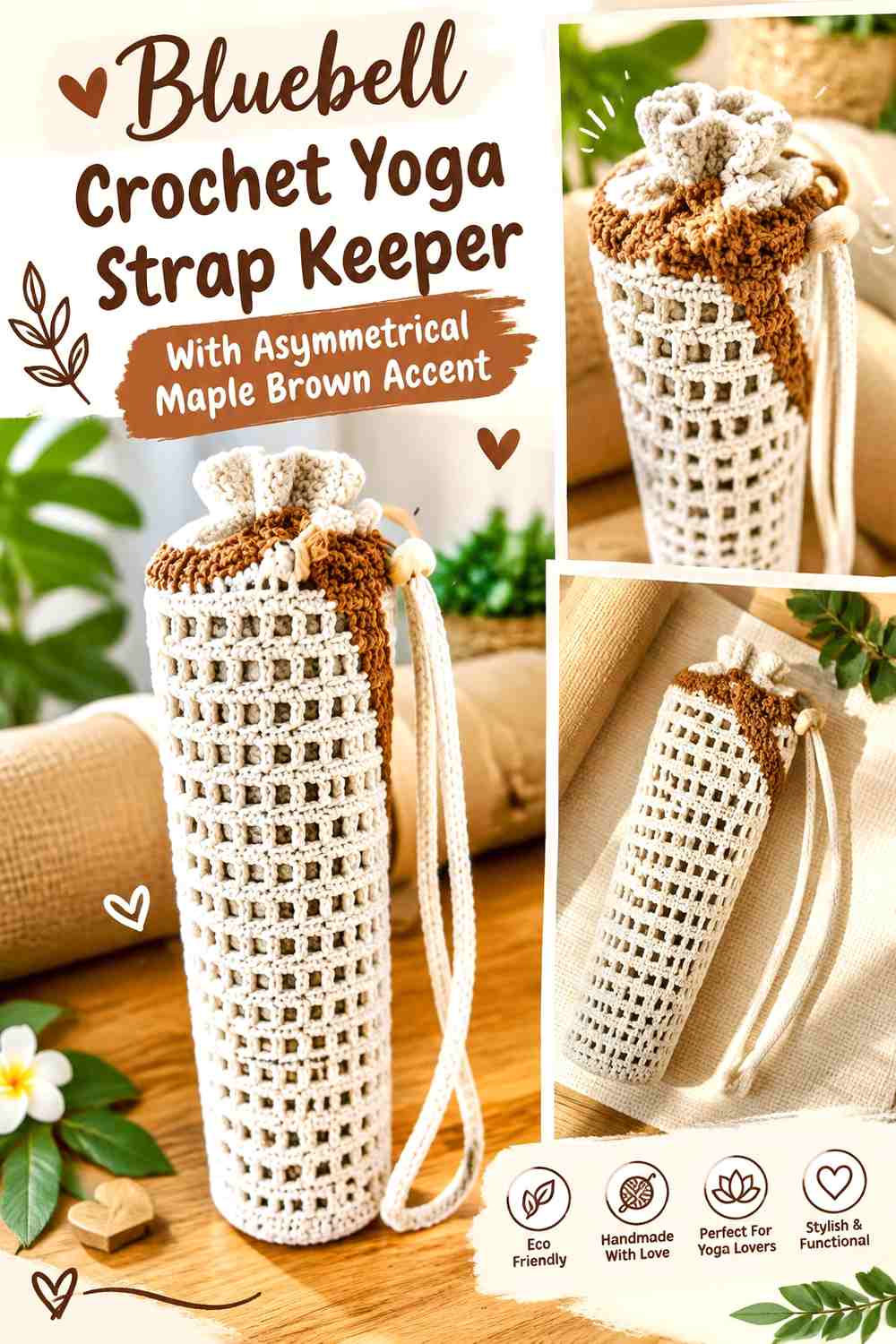 Bluebell Crochet Yoga Strap Keeper With Asymmetrical Maple Brown Accent
