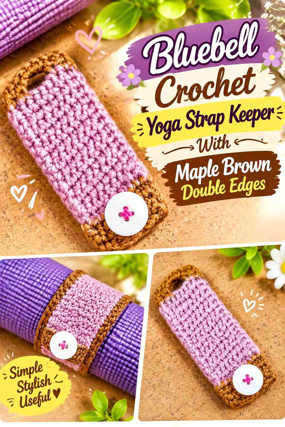 Bluebell Crochet Yoga Strap Keeper With Maple Brown Double Edges