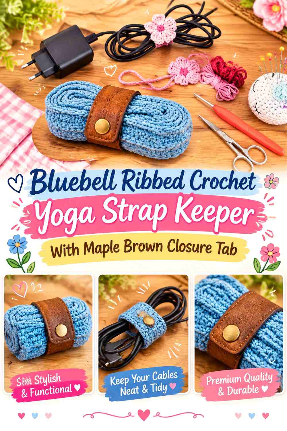 Bluebell Ribbed Crochet Yoga Strap Keeper With Maple Brown Closure Tab