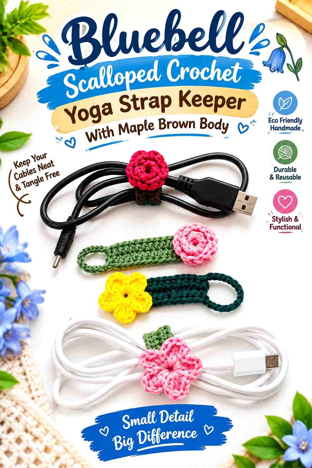 Bluebell Scalloped Crochet Yoga Strap Keeper With Maple Brown Body