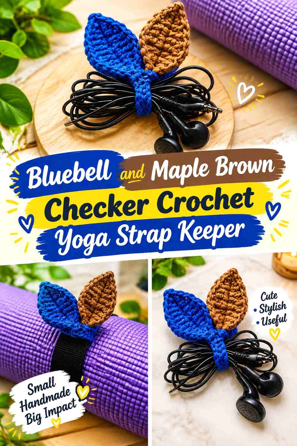 Bluebell and Maple Brown Checker Crochet Yoga Strap Keeper