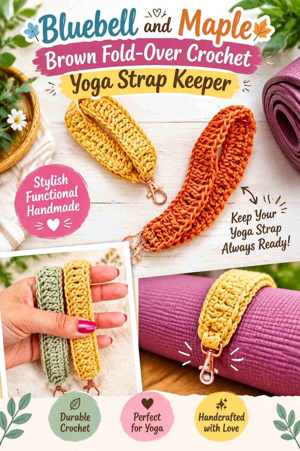 Bluebell and Maple Brown Fold Over Crochet Yoga Strap Keeper