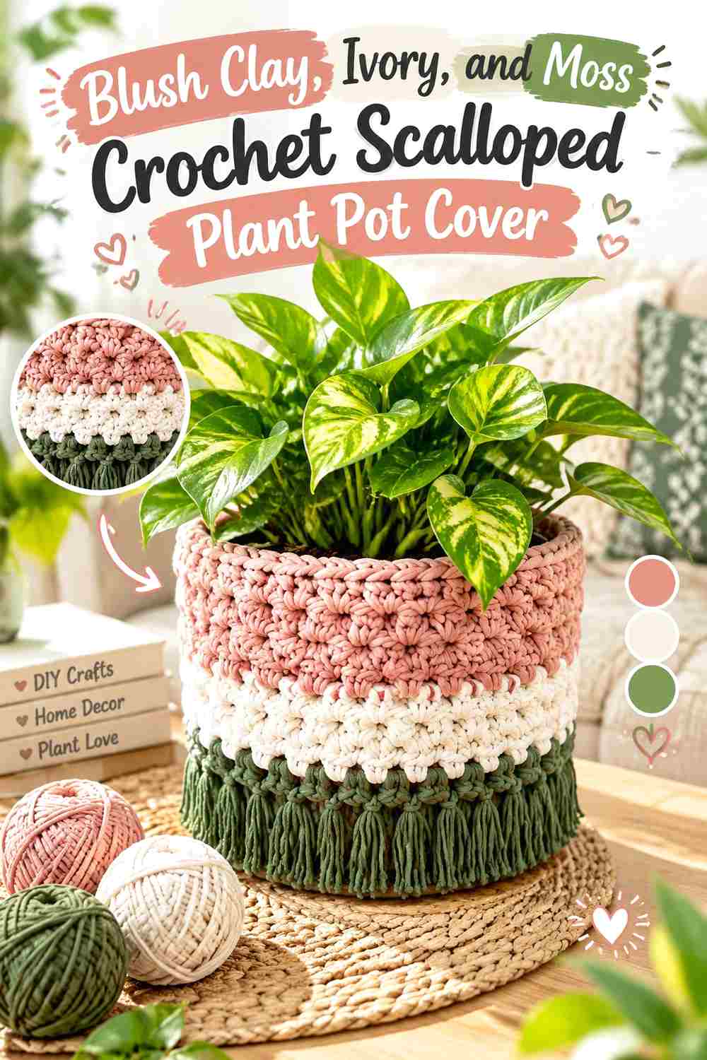 15. Blush Clay Ivory And Moss Crochet Scalloped Plant Pot Cover