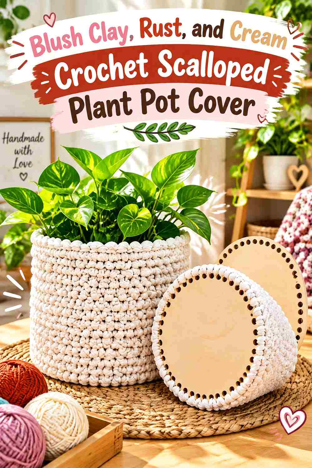 16. Blush Clay Rust And Cream Crochet Scalloped Plant Pot Cover