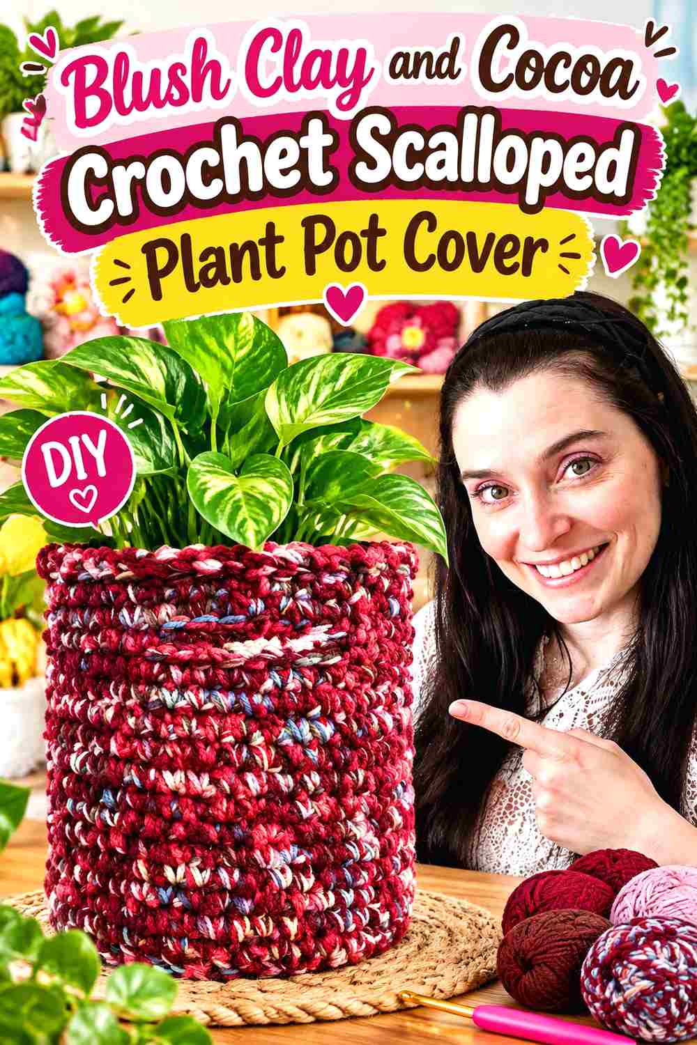 14. Blush Clay And Cocoa Crochet Scalloped Plant Pot Cover