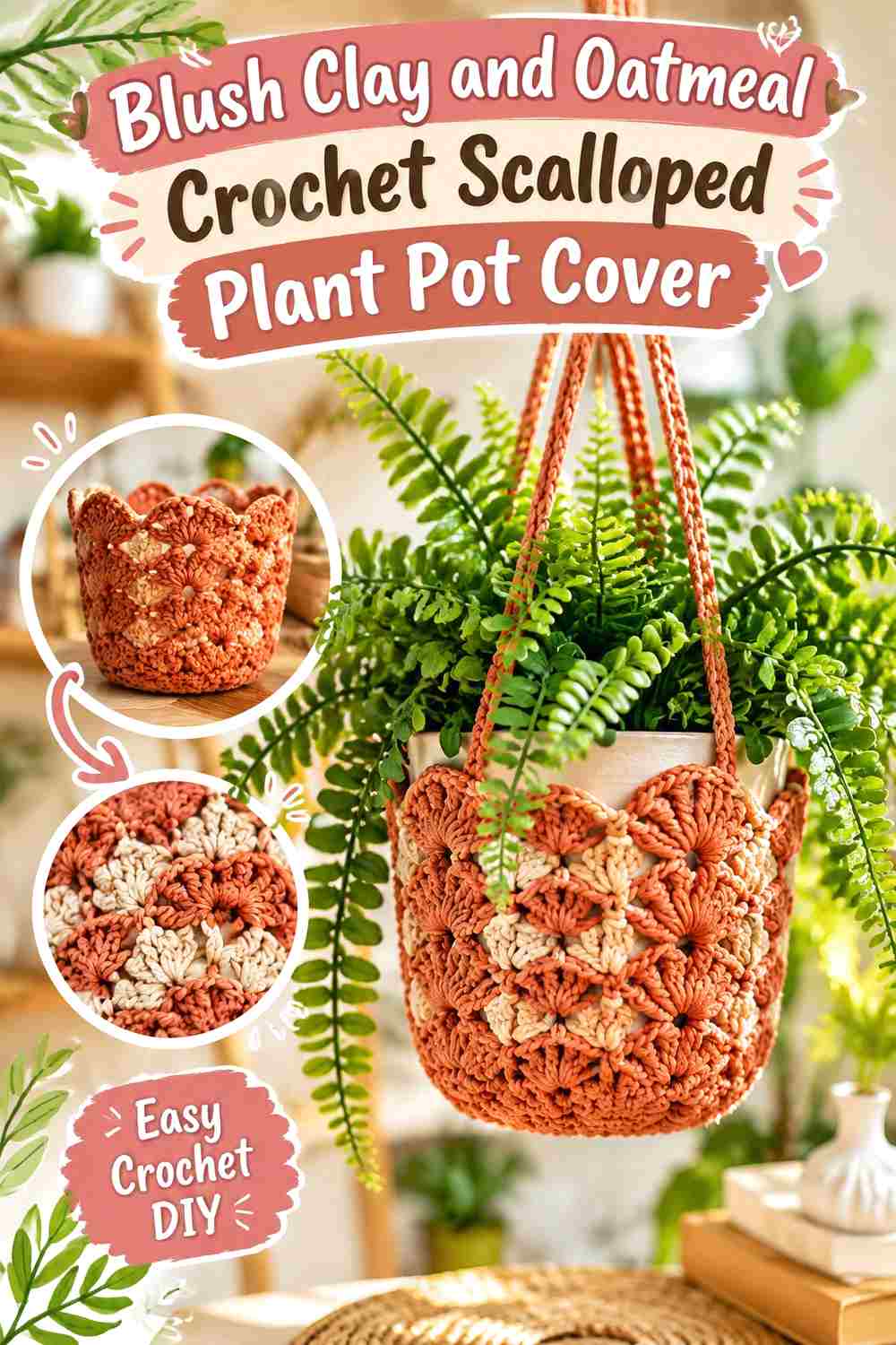 4. Blush Clay And Oatmeal Crochet Scalloped Plant Pot Cover