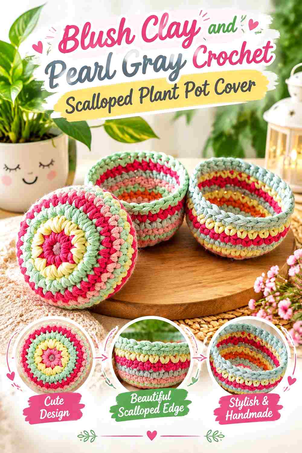11. Blush Clay And Pearl Gray Crochet Scalloped Plant Pot Cover