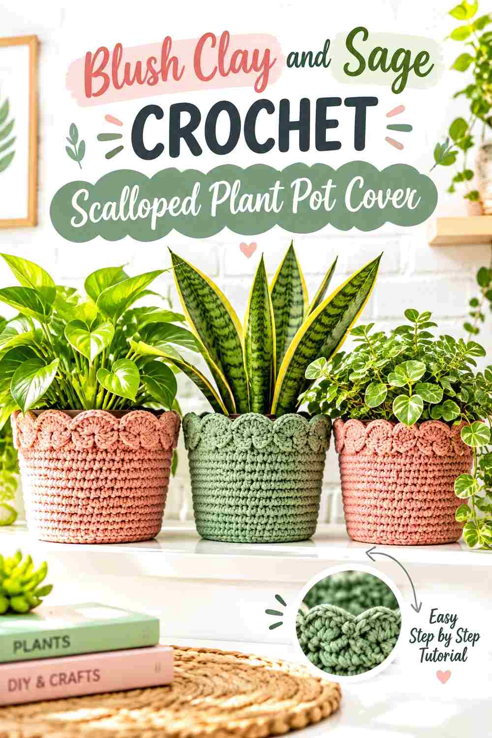 8. Blush Clay And Sage Crochet Scalloped Plant Pot Cover