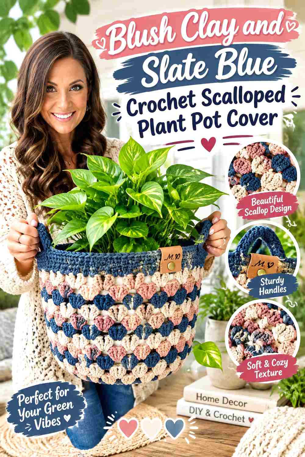 17. Blush Clay And Slate Blue Crochet Scalloped Plant Pot Cover
