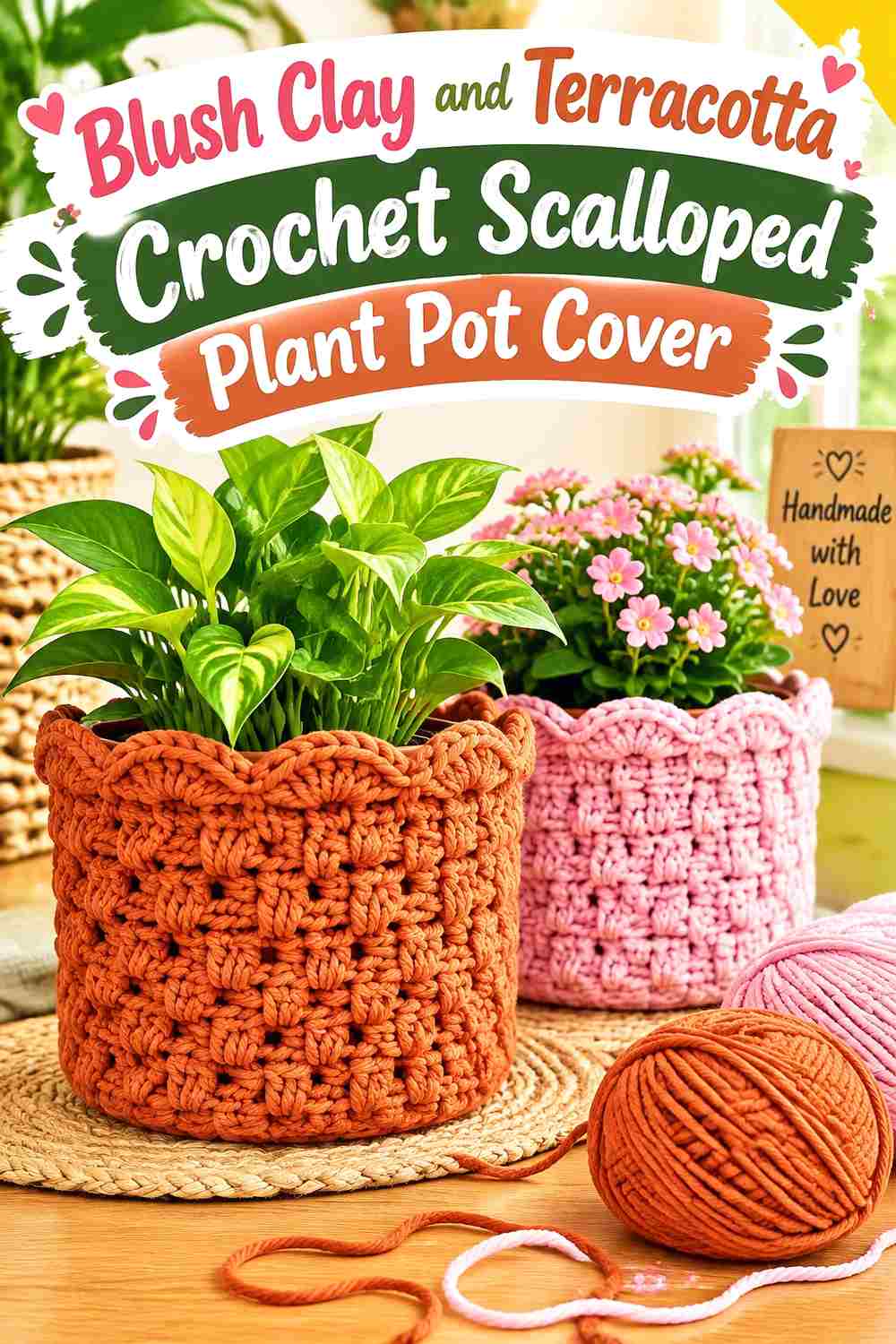 9. Blush Clay And Terracotta Crochet Scalloped Plant Pot Cover