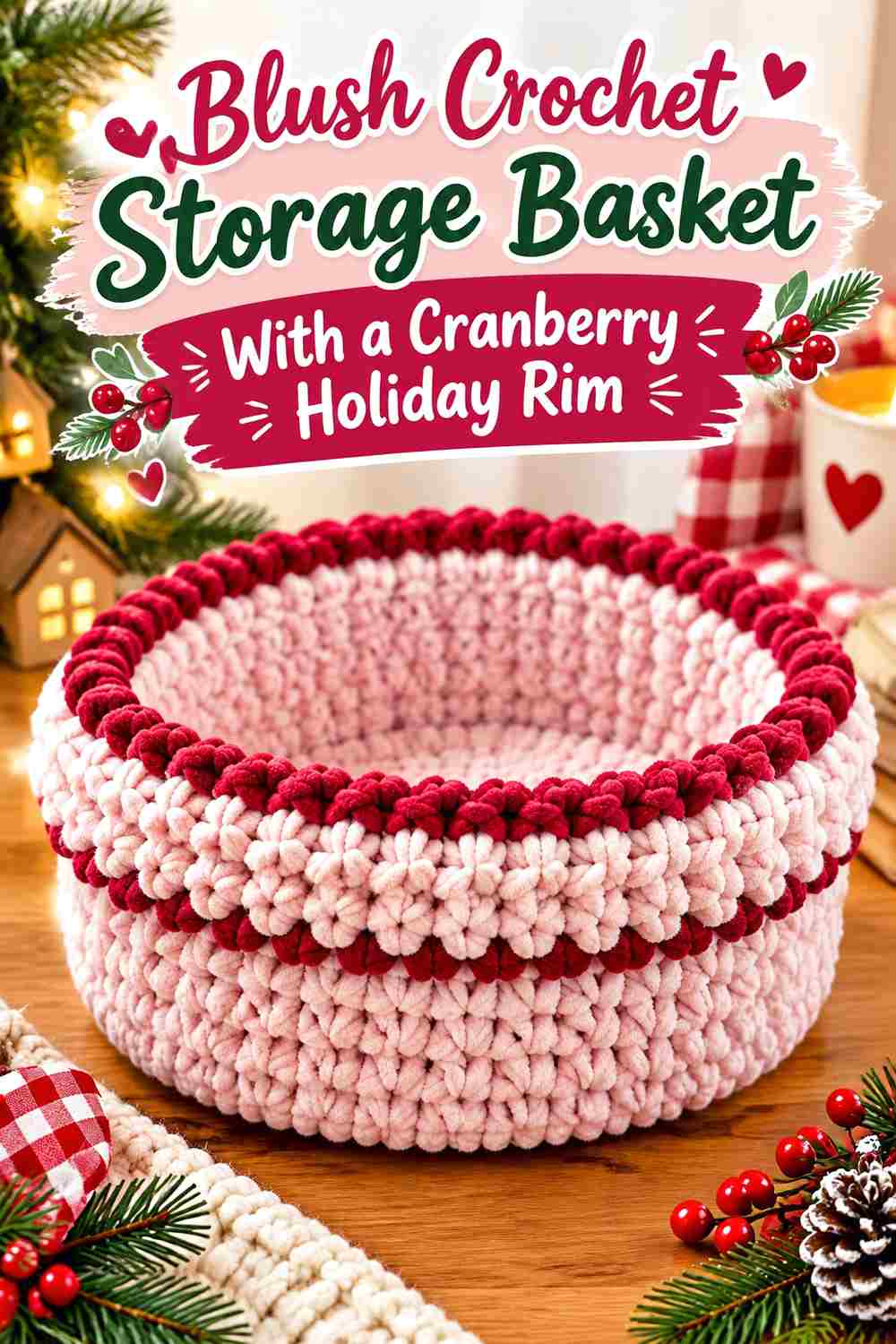 11. Blush Crochet Storage Basket With A Cranberry Holiday Rim