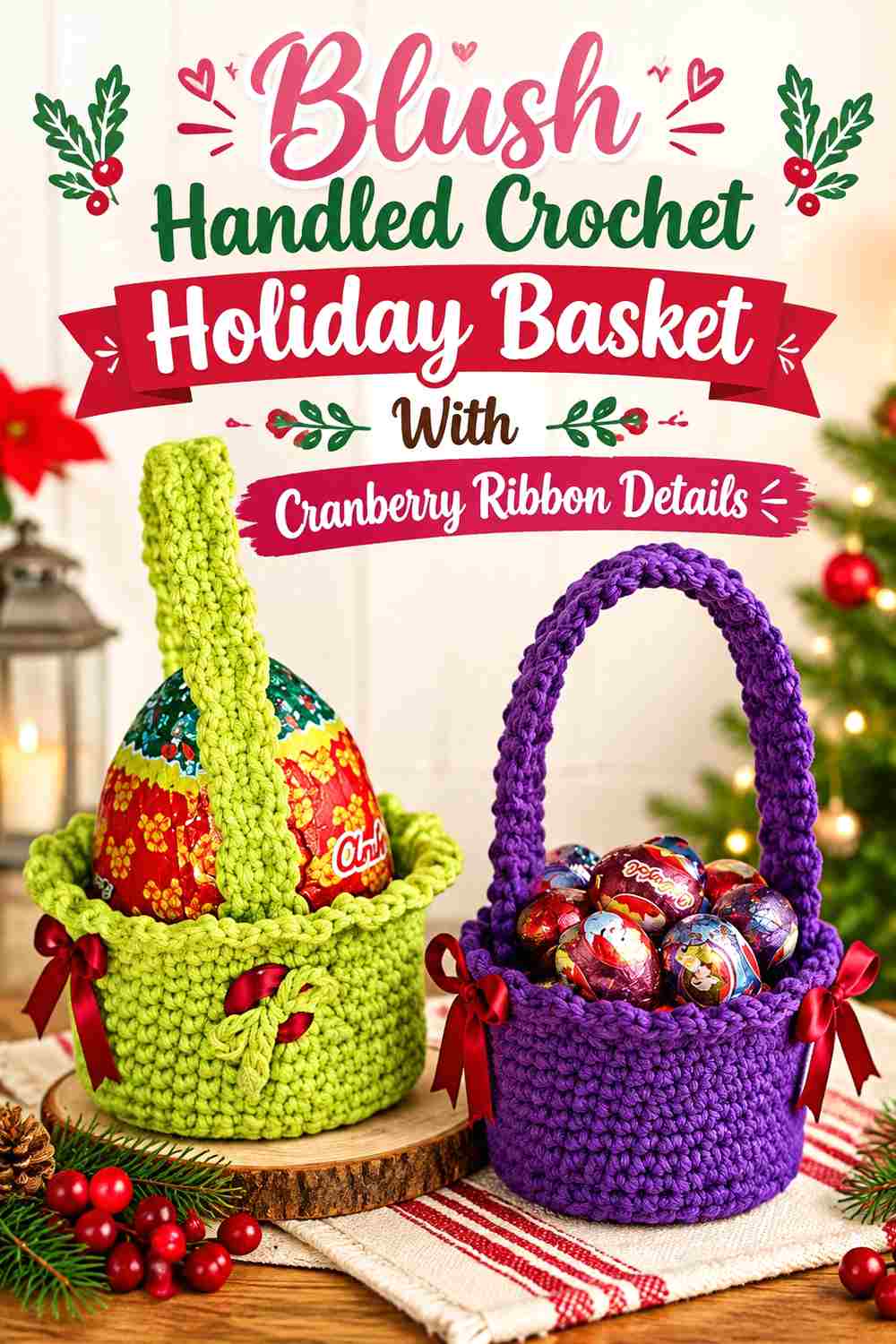 14. Blush Handled Crochet Holiday Basket With Cranberry Ribbon Details