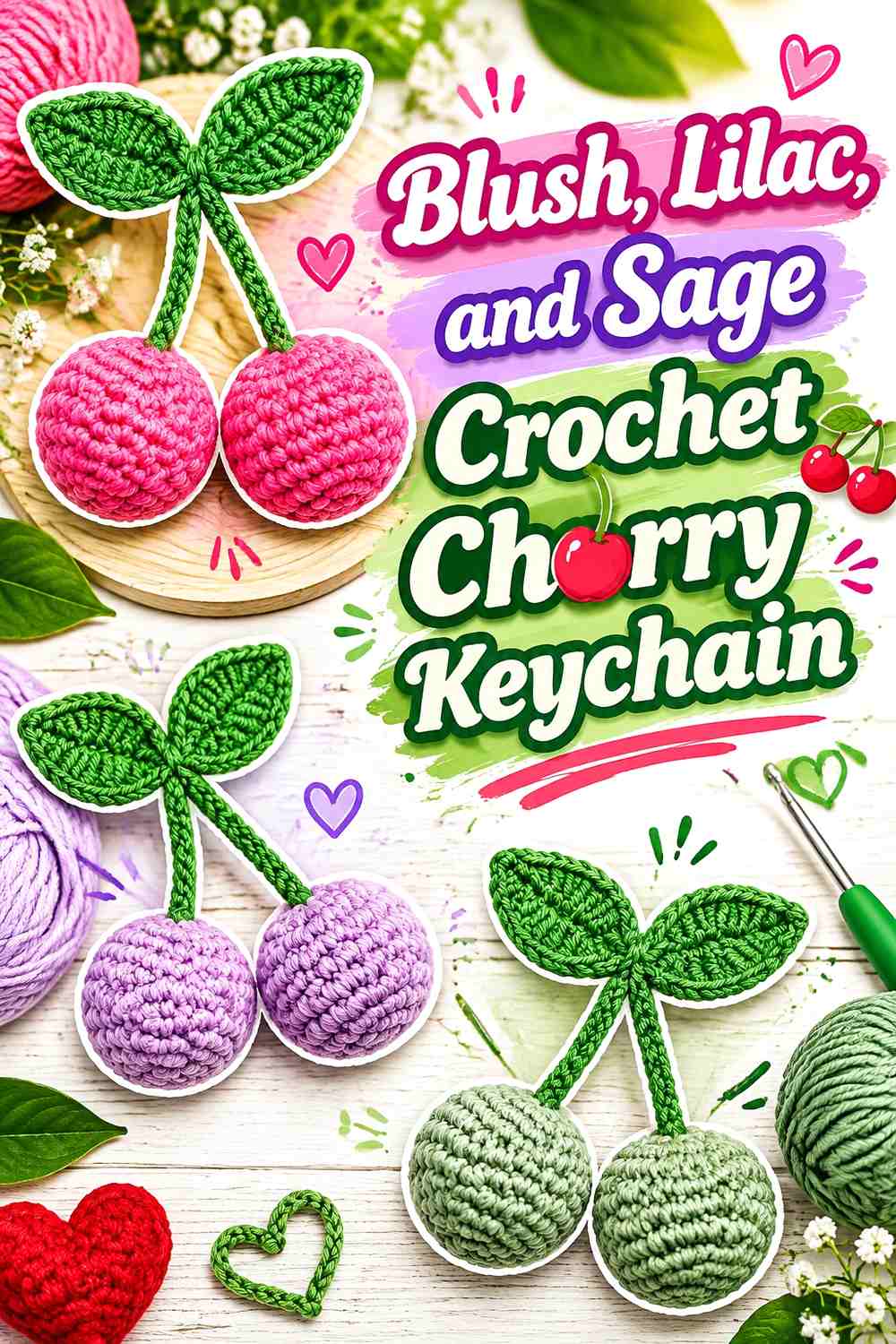 Blush, Lilac, and Sage Crochet Cherry Keychain