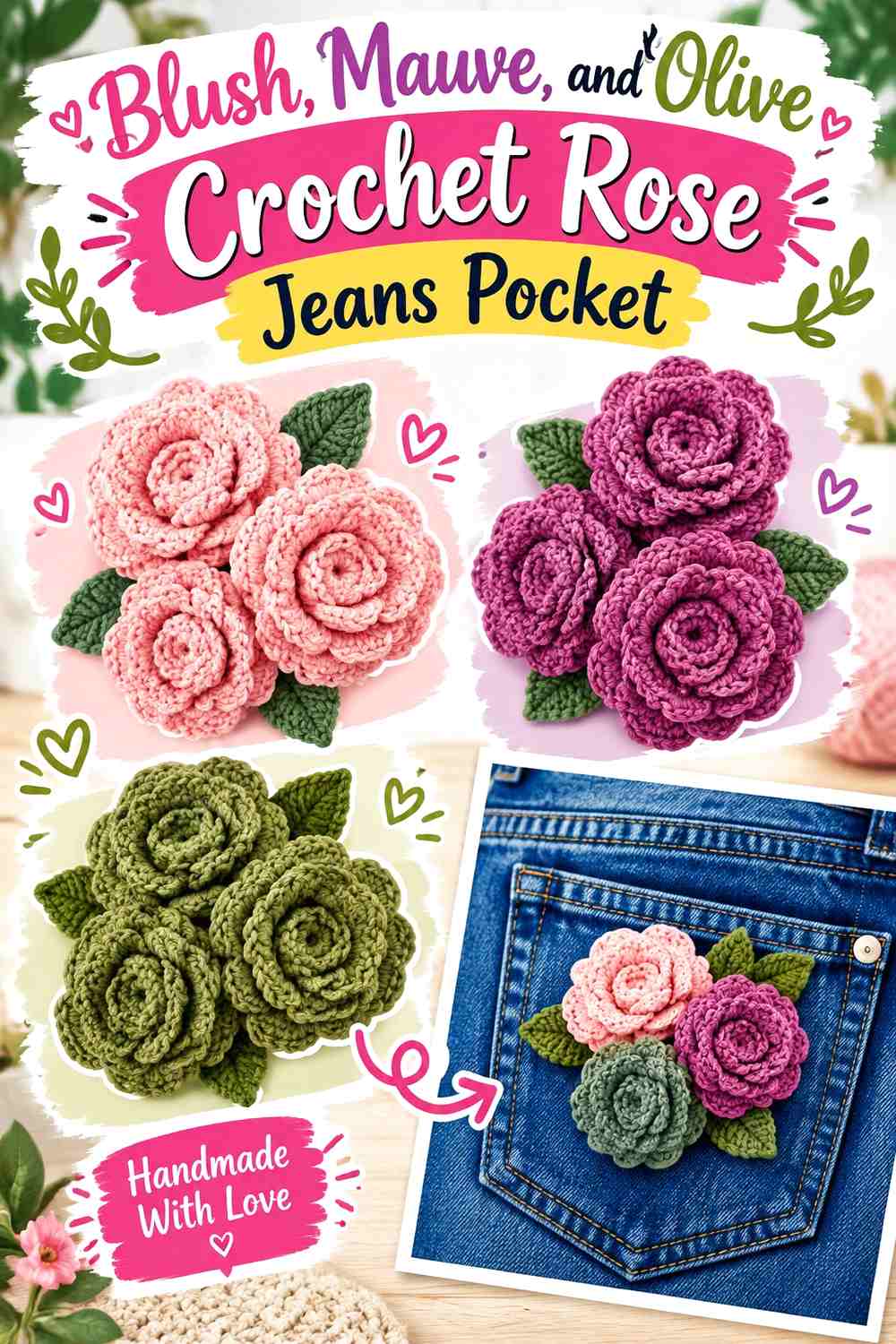 Blush, Mauve, and Olive Crochet Rose Jeans Pocket