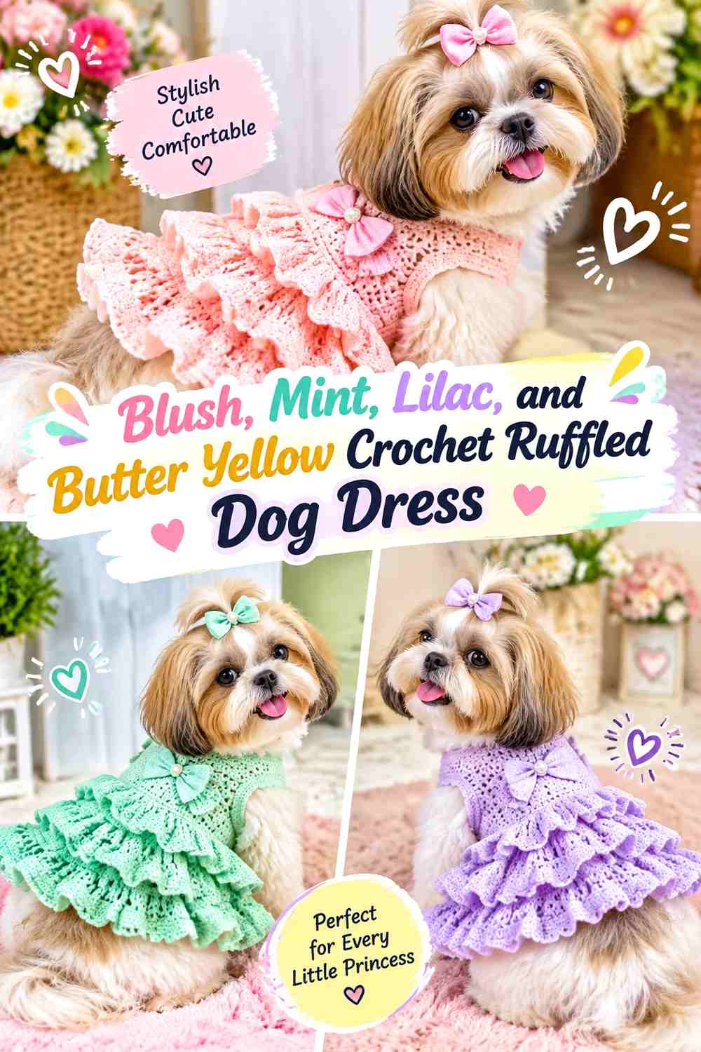 Blush, Mint, Lilac, and Butter Yellow Crochet Ruffled Dog Dress