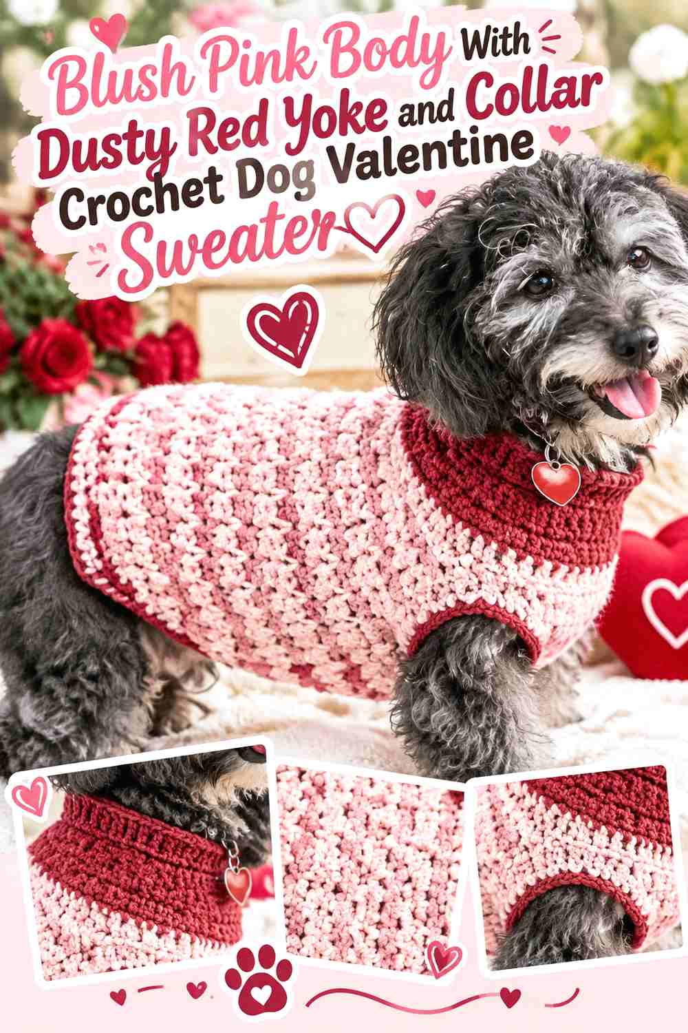 Blush Pink Body With Dusty Red Yoke and Collar Crochet Dog Valentine Sweater