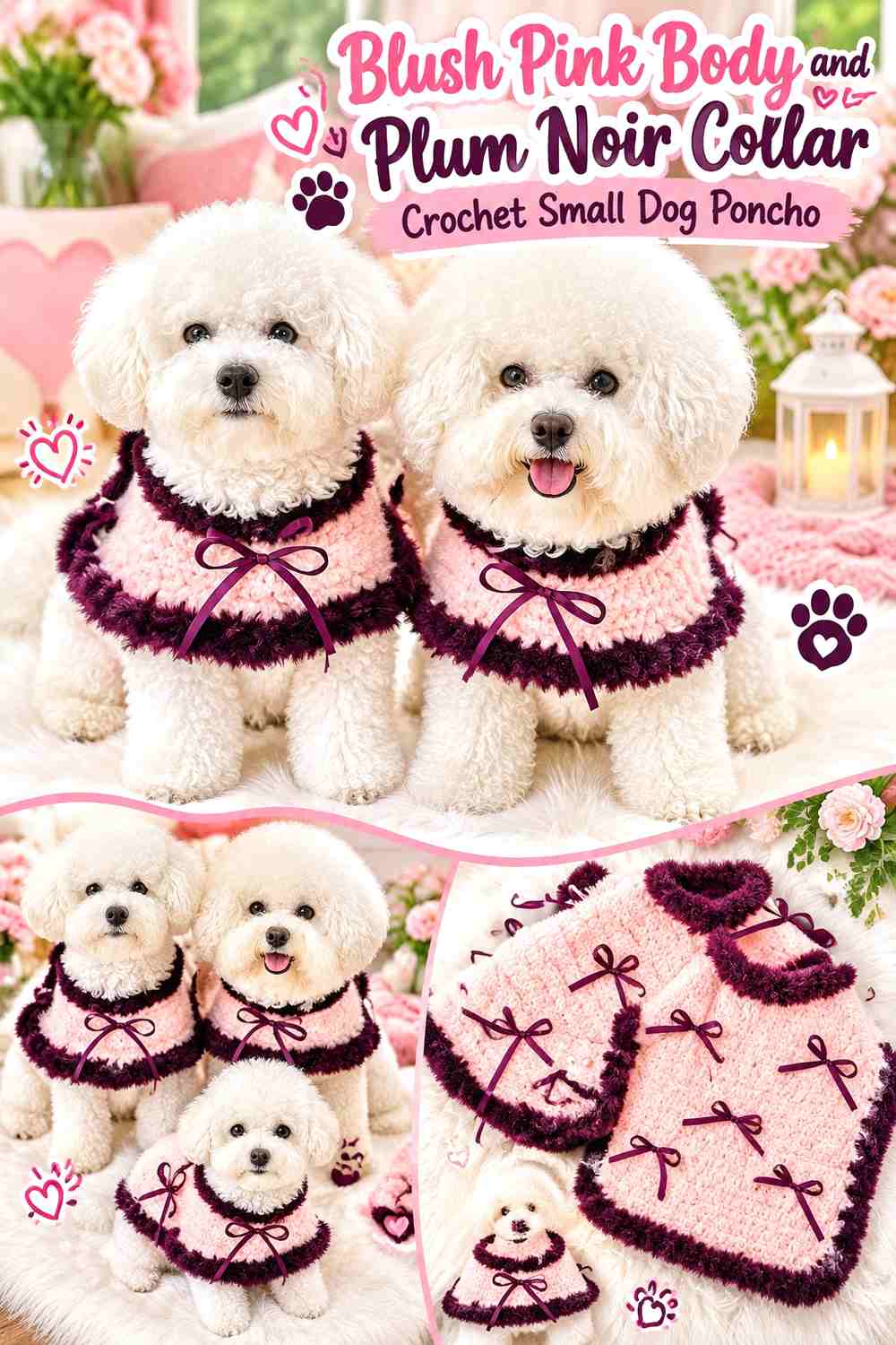 Blush Pink Body and Plum Noir Collar Crochet Small Dog Poncho