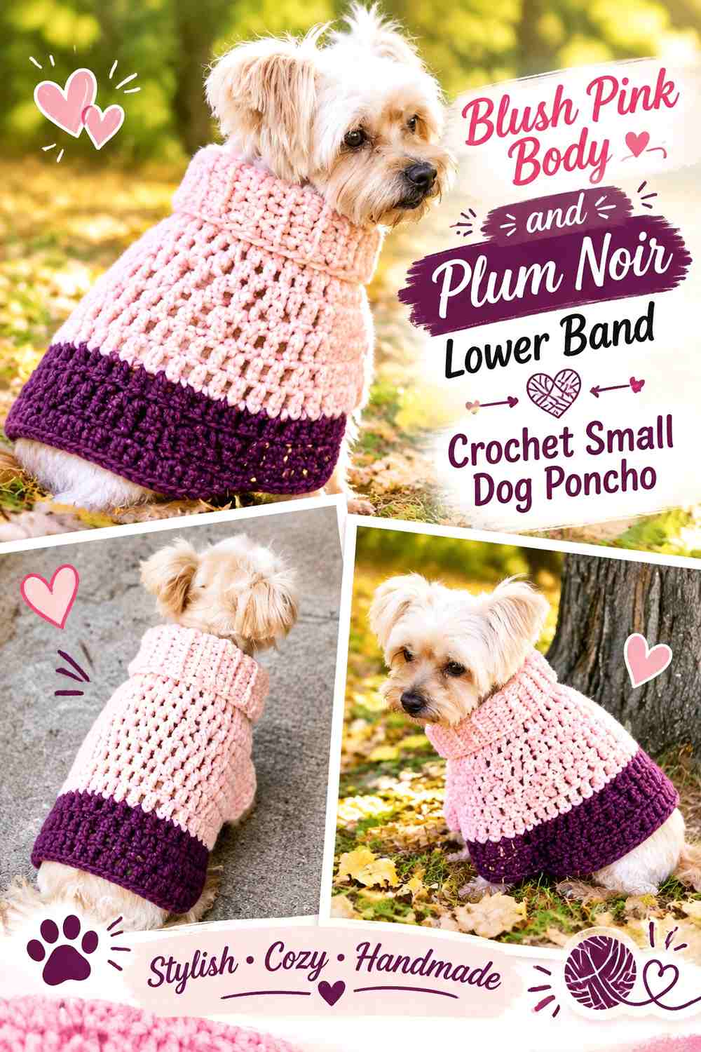 Blush Pink Body and Plum Noir Lower Band Crochet Small Dog Poncho