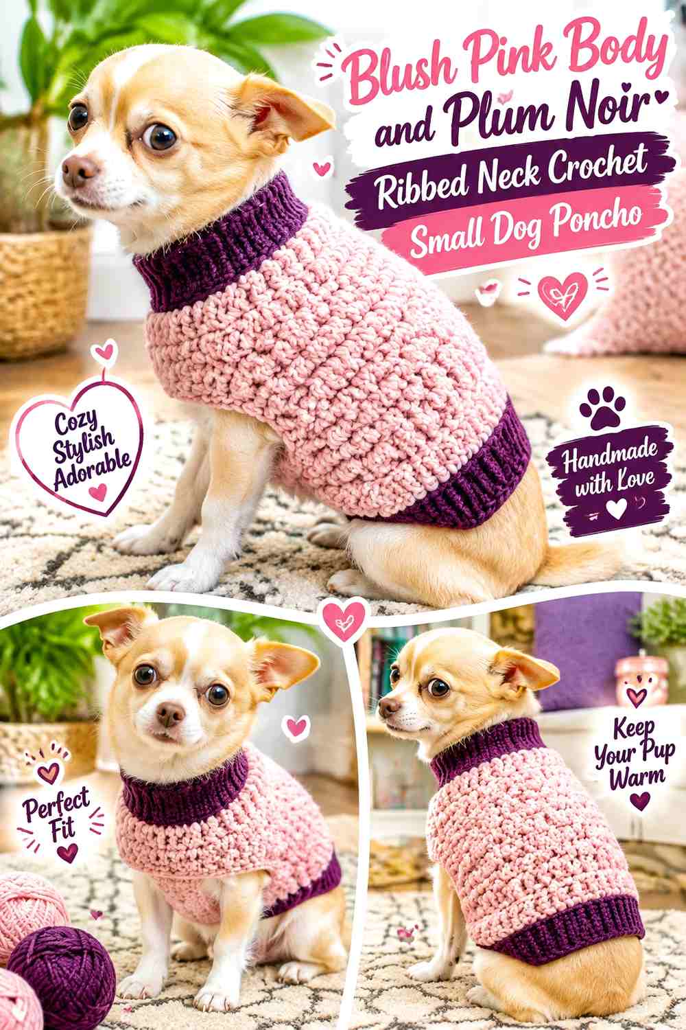 Blush Pink Body and Plum Noir Ribbed Neck Crochet Small Dog Poncho