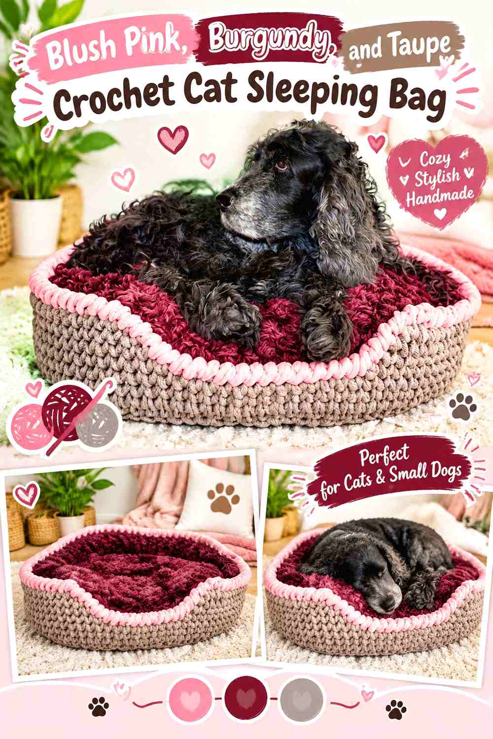 Blush Pink, Burgundy, and Taupe Crochet Cat Sleeping Bag