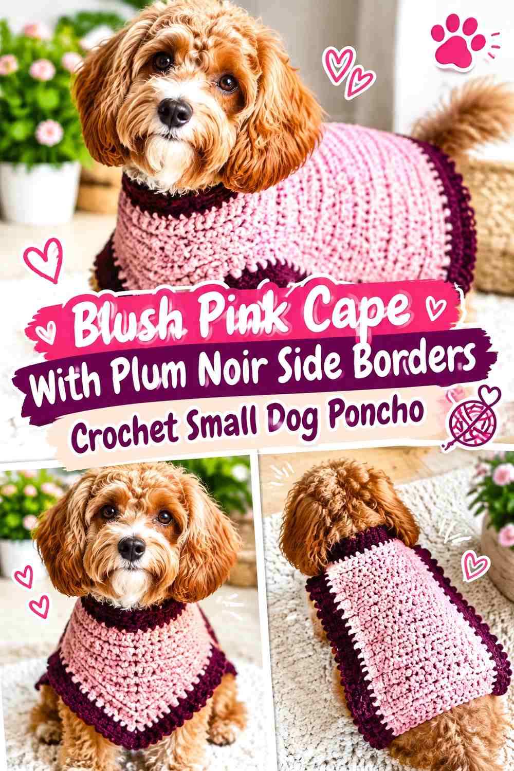 Blush Pink Cape With Plum Noir Side Borders Crochet Small Dog Poncho